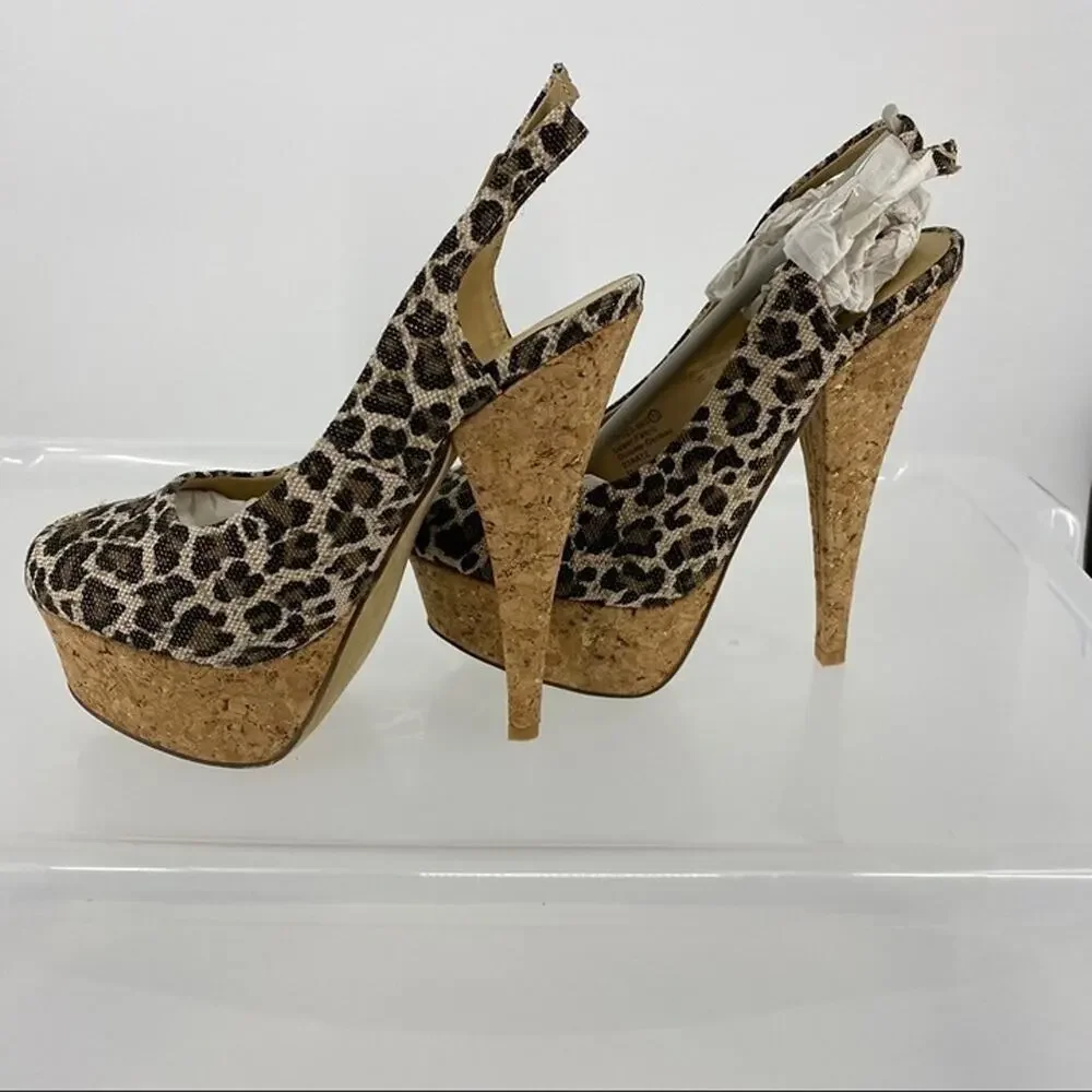 JustFab cheetah metallic cork sling back heels gold brown black buckle size 7.5